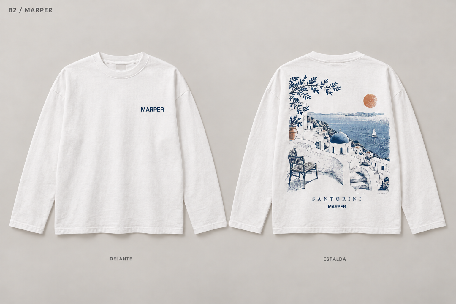 Espalda de la camiseta Santorini: paisaje de santorini en azul y terracota