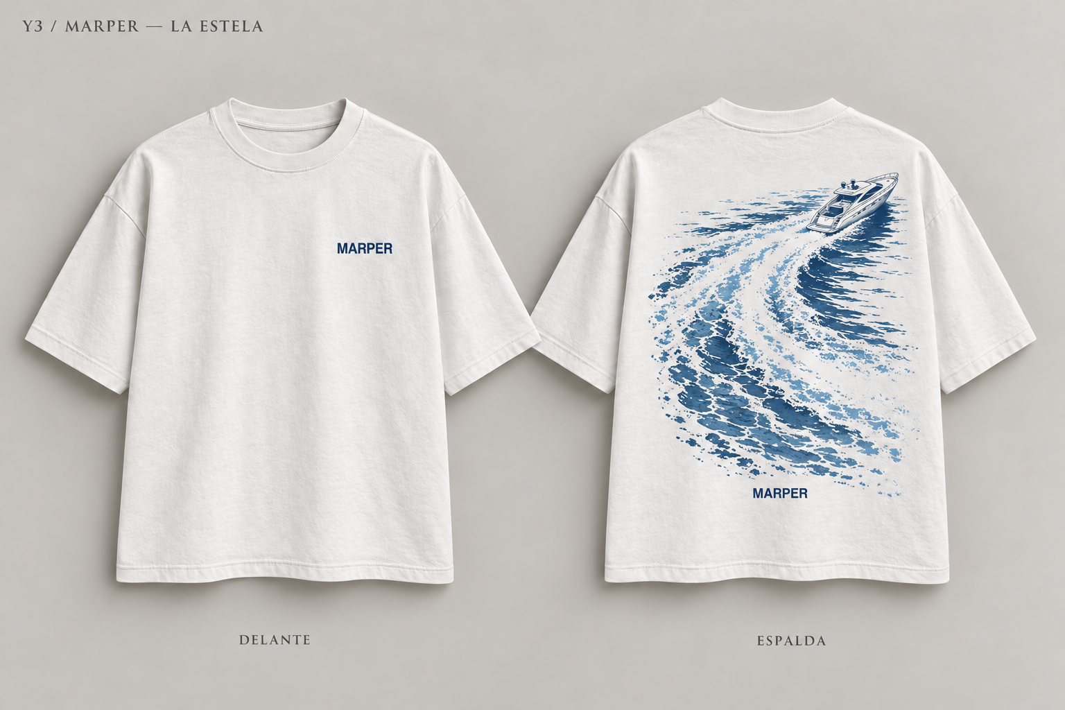 Espalda de la camiseta La Estela: un yate y su estela sobre el agua